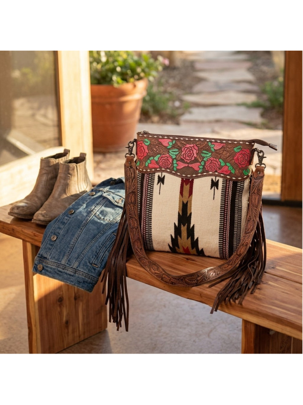 American Darling Flower Canyon Fringe Saddle Blanket Crossbody Bag