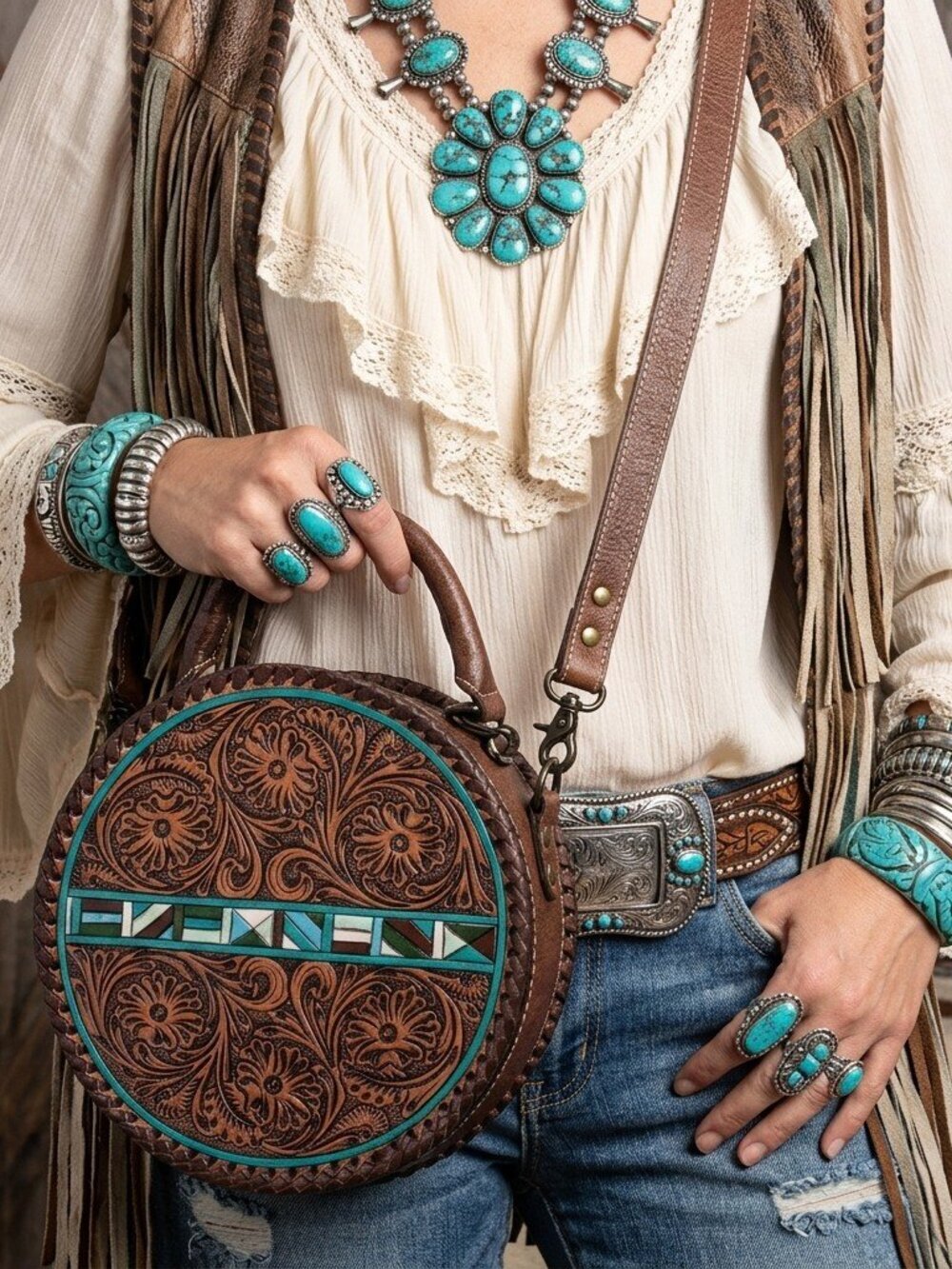 American Darling Turquoise Bloom Tooled Crossbody Canteen Bag