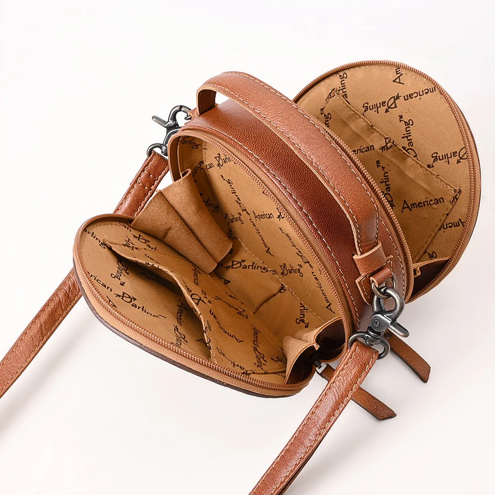 American Darling Western Genuine Leather Hand-Tooled Canteen Crossbody Bag with Buck-Stitched Detailing