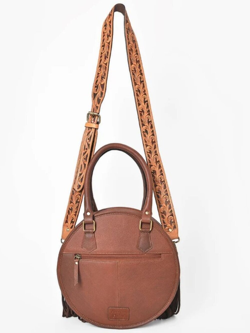 American Darling Patchwork Boho Fringe Tooled Crossbody Canteen Bag