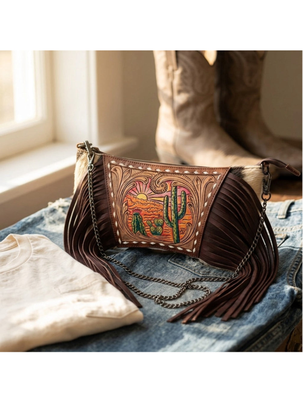 American Darling Pink Desert Sunrise Southwest Fringe Crossbody Bag