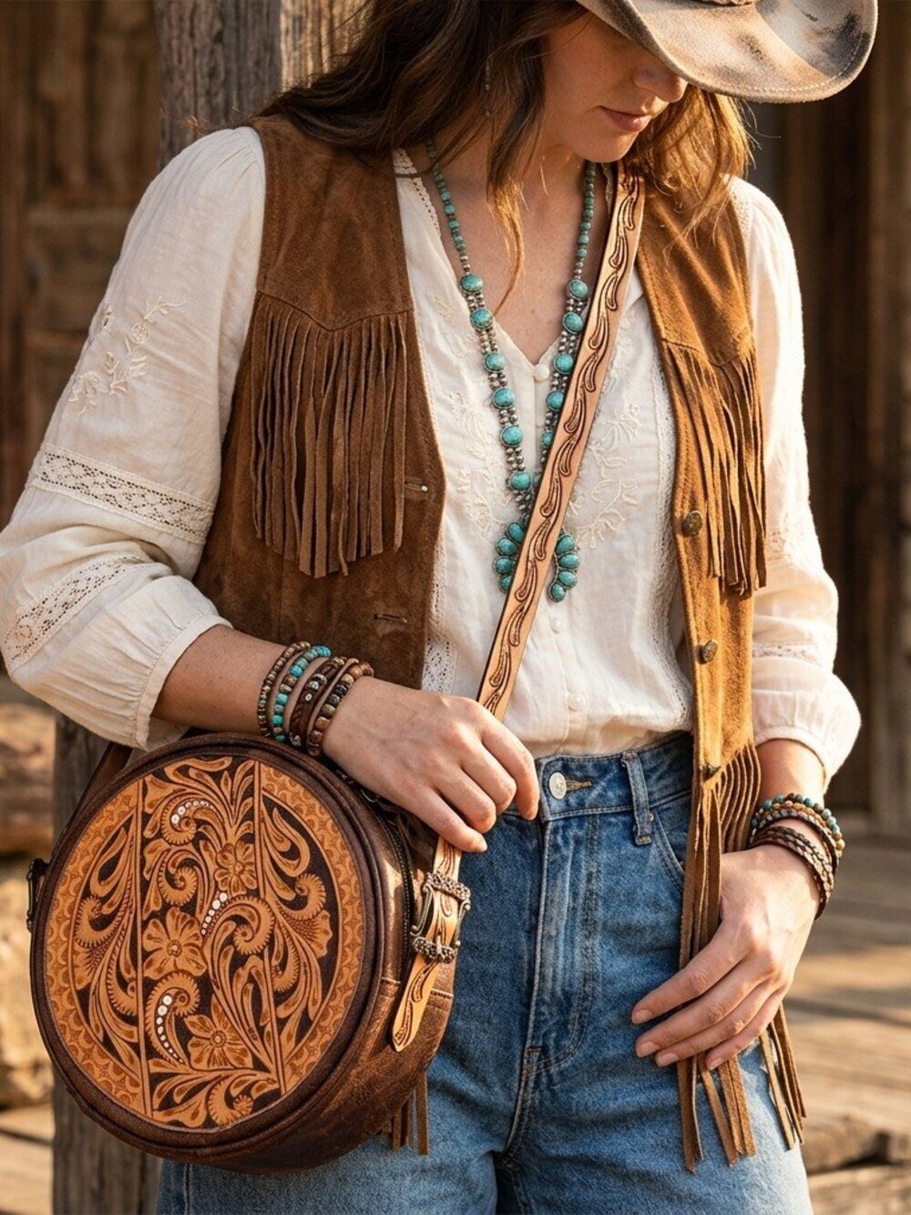 American Darling Tooled Leather Circle Canteen Crossbody