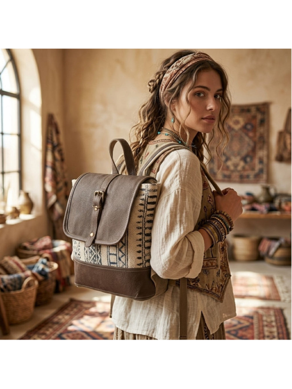 Ohlay by American Darling Clay Canyon Boho Canvas and Leather Mini Backpack