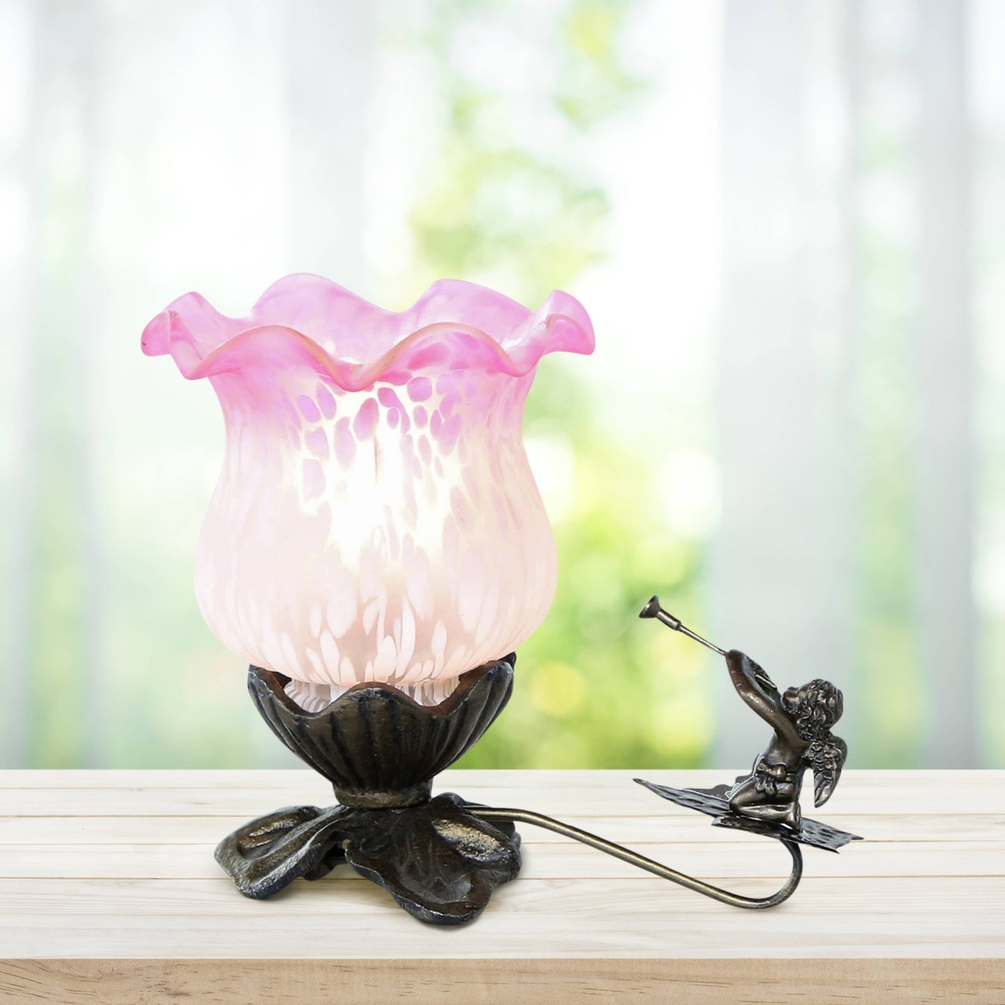 6"H Handpainted Frosted Glass Cherub Flower Accent Lamp