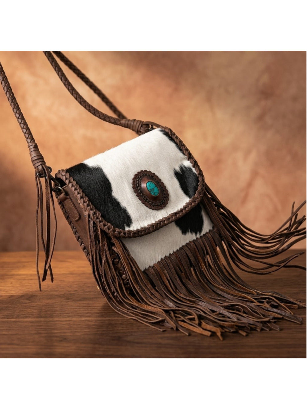 American Darling Desert Fringe Cowhide with Turquoise Concho Crossbody