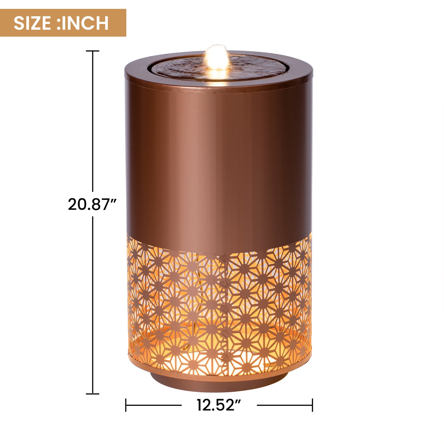 20.87 H Brown Metal Cutout Outdoor Water Fountain With LED Lights, Modern Freestanding Candle Style Water Feature For Patio  Decor