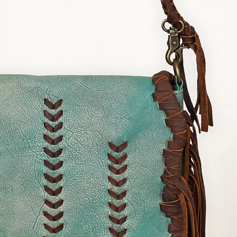 American Darling Turquoise & Brown Genuine Leather Fringe Messenger Bag with Braided Detail -Conceal Carry