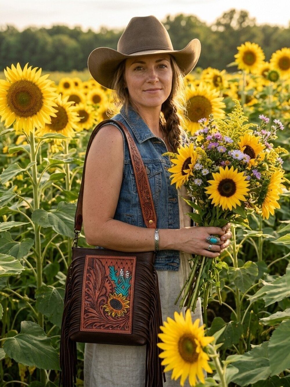 American Darling Sunflowers in the Desert Tooled Fringe Crossbody