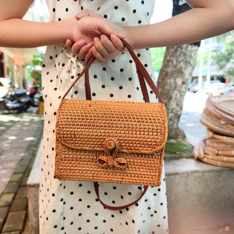 Crossbody Bag With A Butterfly Buckle Handwoven Rattan