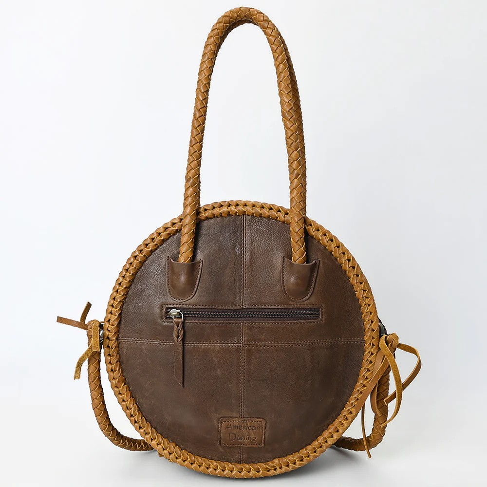 American Darling Round Cowhide Leather Crossbody Canteen Fringe Bag - Western Turquoise Concho & Braided Strap