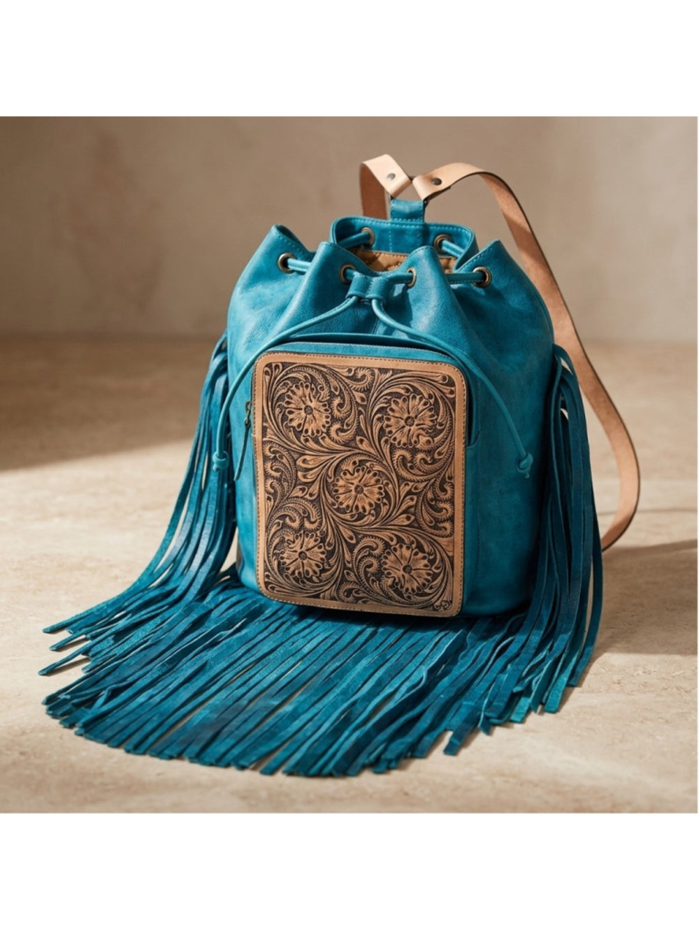 American Darling Turquoise Skys Fringe Embossed Bucket Backpack Bag
