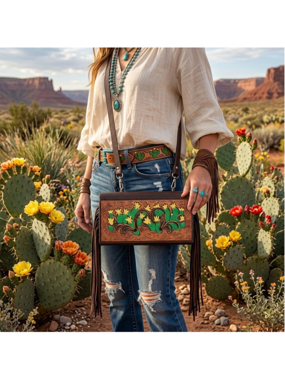 American Darling Boho Cactus Tooled Crossbody Bag