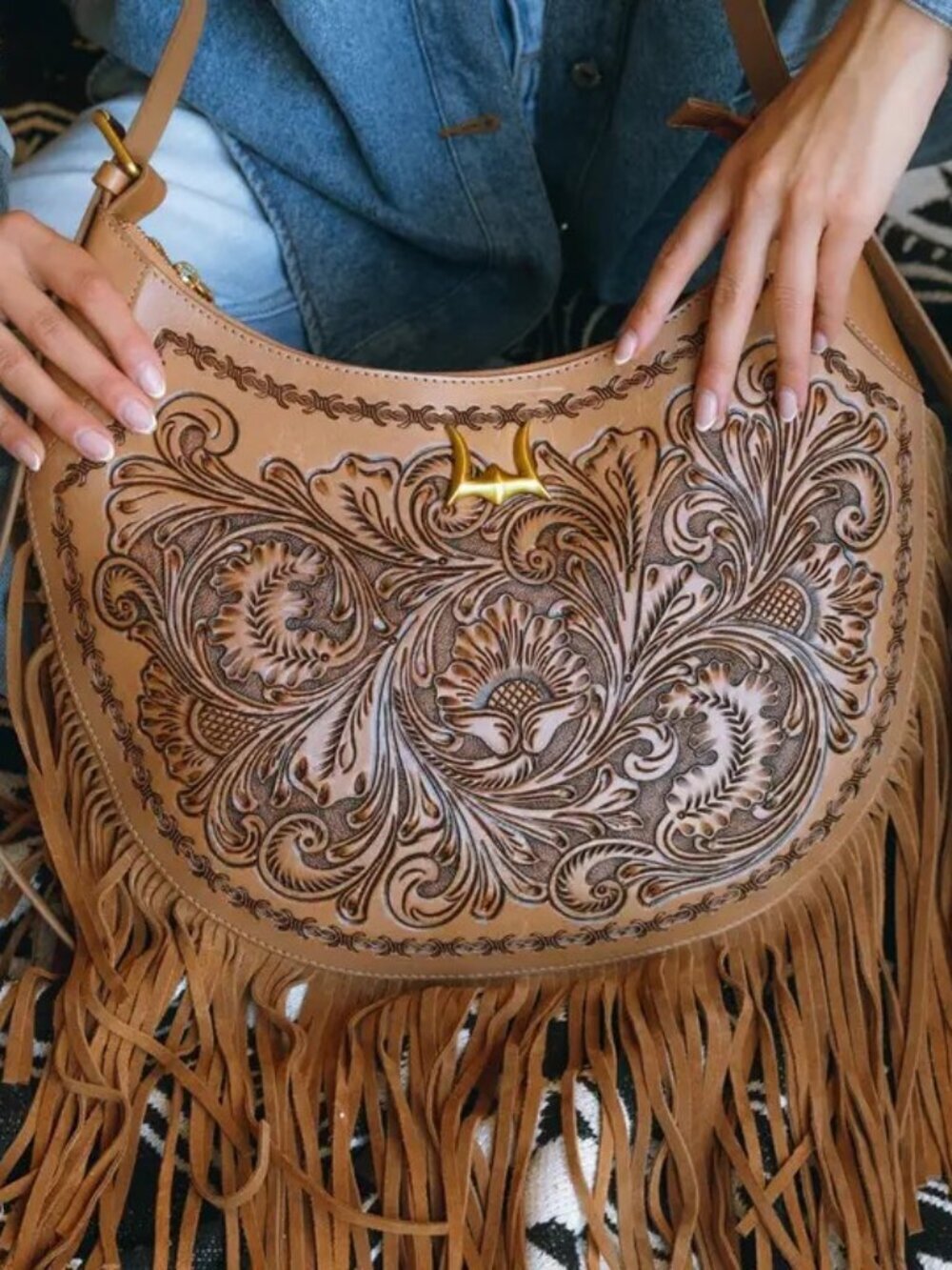 Western Lunella Hand Tooled Leather Fringe Crossbody