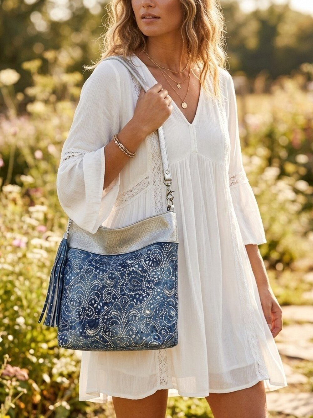 Denim layered Pewter Tassel Hobo Bag with Rhinestones