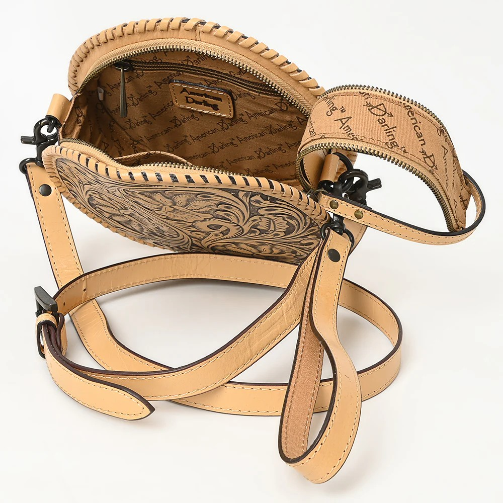 American Darling Round Hand-Tooled Leather Canteen Bag - Western Floral Circle Purse-Natural Beige