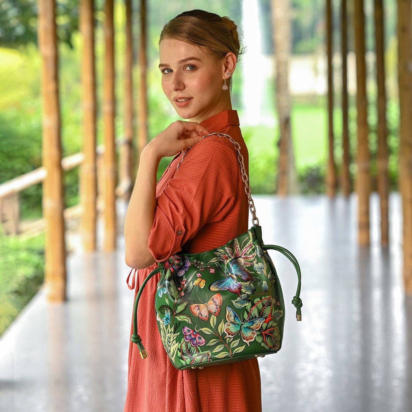 Anuschka Drawstring Bucket Bag - 723-green with butterfly