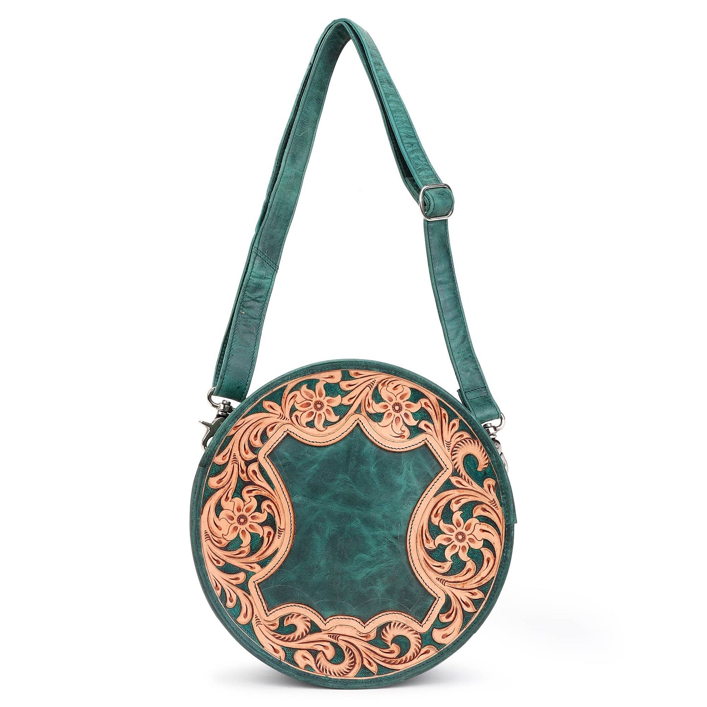 Leather Cowhide Western Hand Tooled Women's Round Crossbody Brown and White