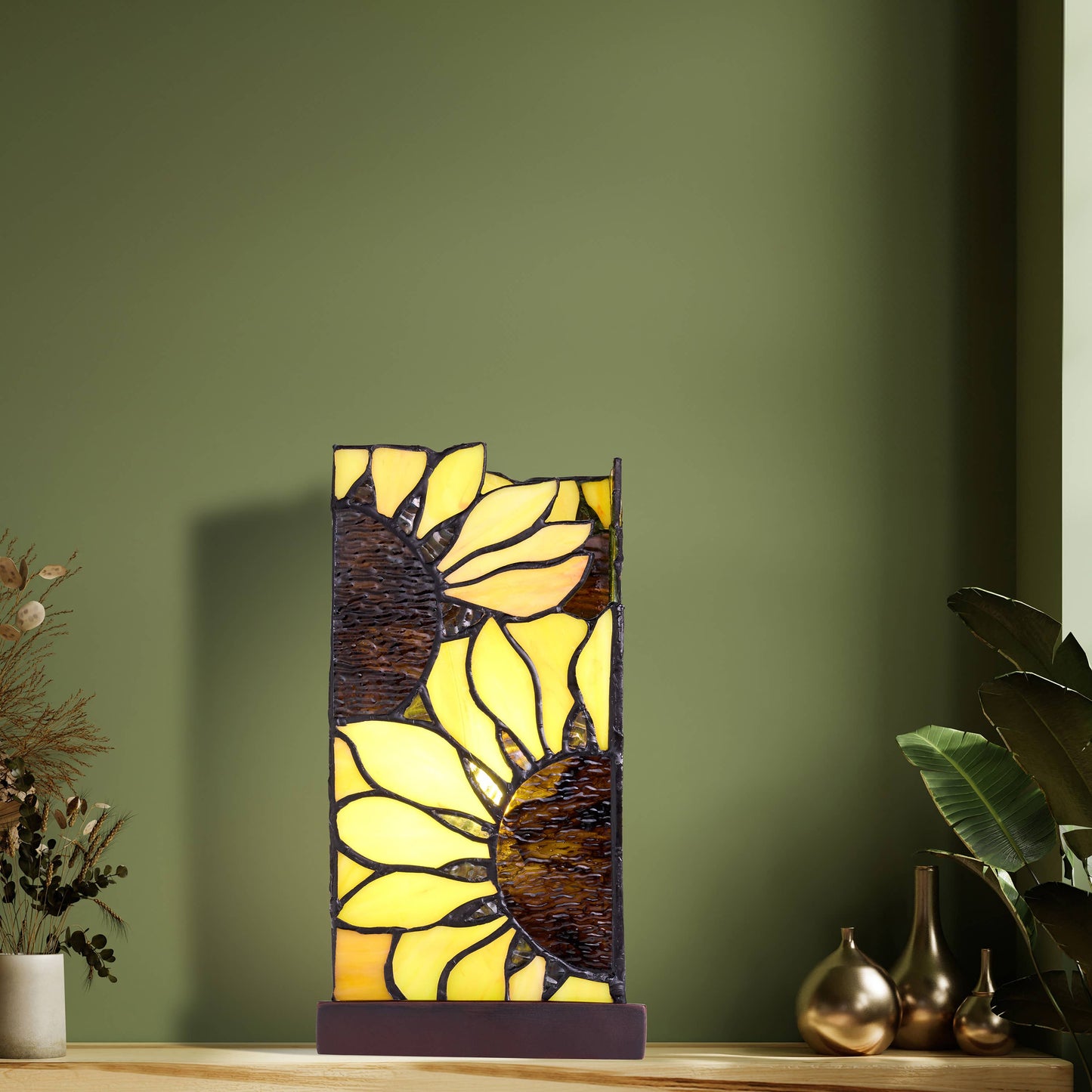 9.75"H Sunflower Rectangle Shade Hurricane stained glass  Accent Lamp