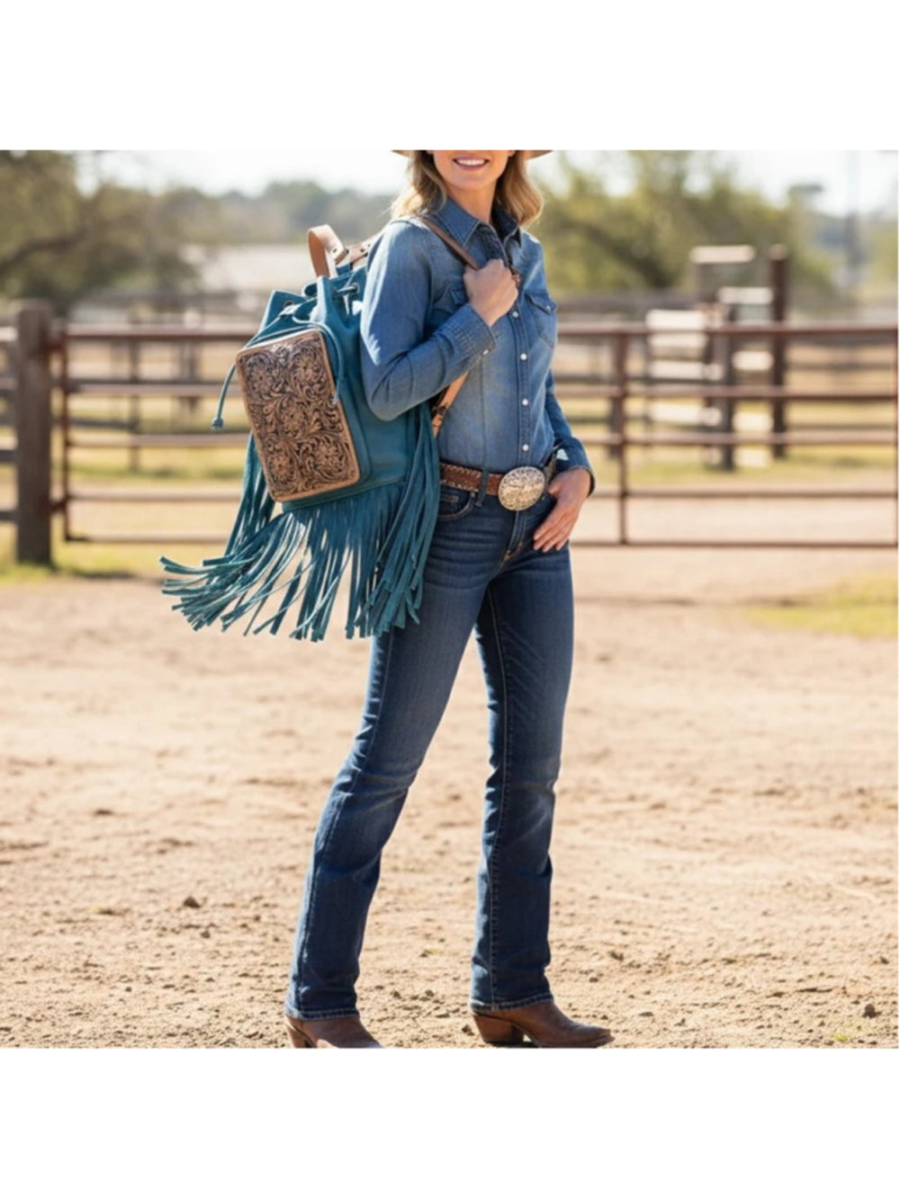 American Darling Turquoise Skys Fringe Embossed Bucket Backpack Bag