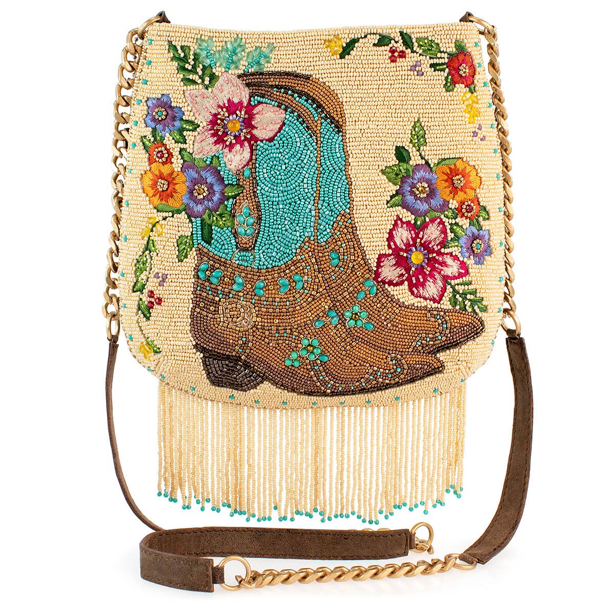 Mary Frances Line Dance Beaded Cowboy Boots and Flowers Crossbody Handbag