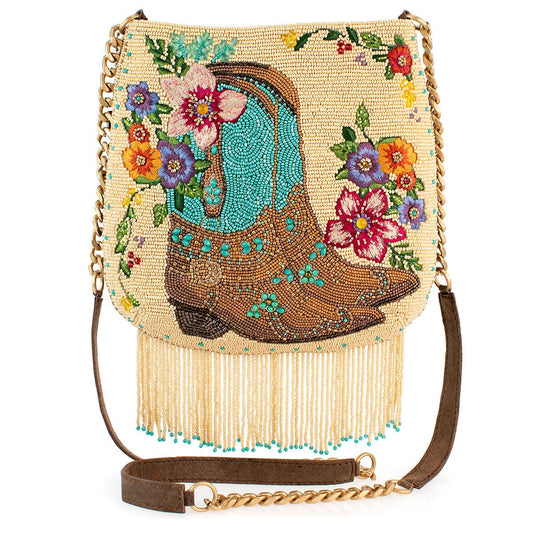 Mary Frances Line Dance Beaded Cowboy Boots and Flowers Crossbody Handbag
