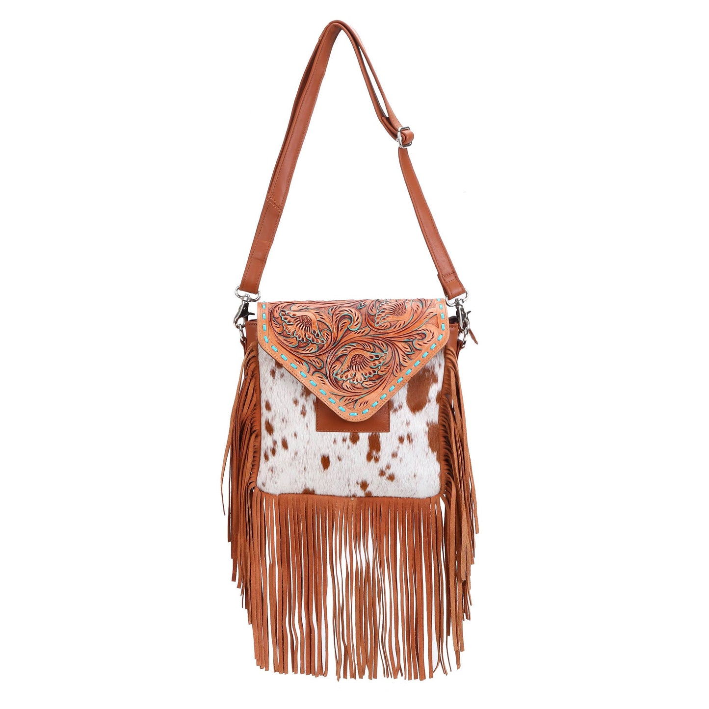 Leather Cowhide Western Hand Tooled Women Crossbody Bag-Brown and white