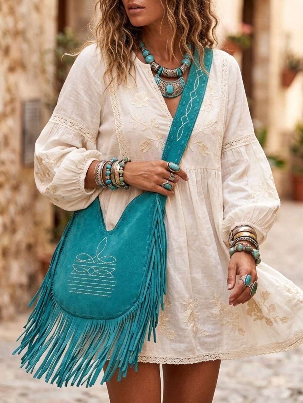 American Darling Turquoise Fringe Statement Hobo Bag