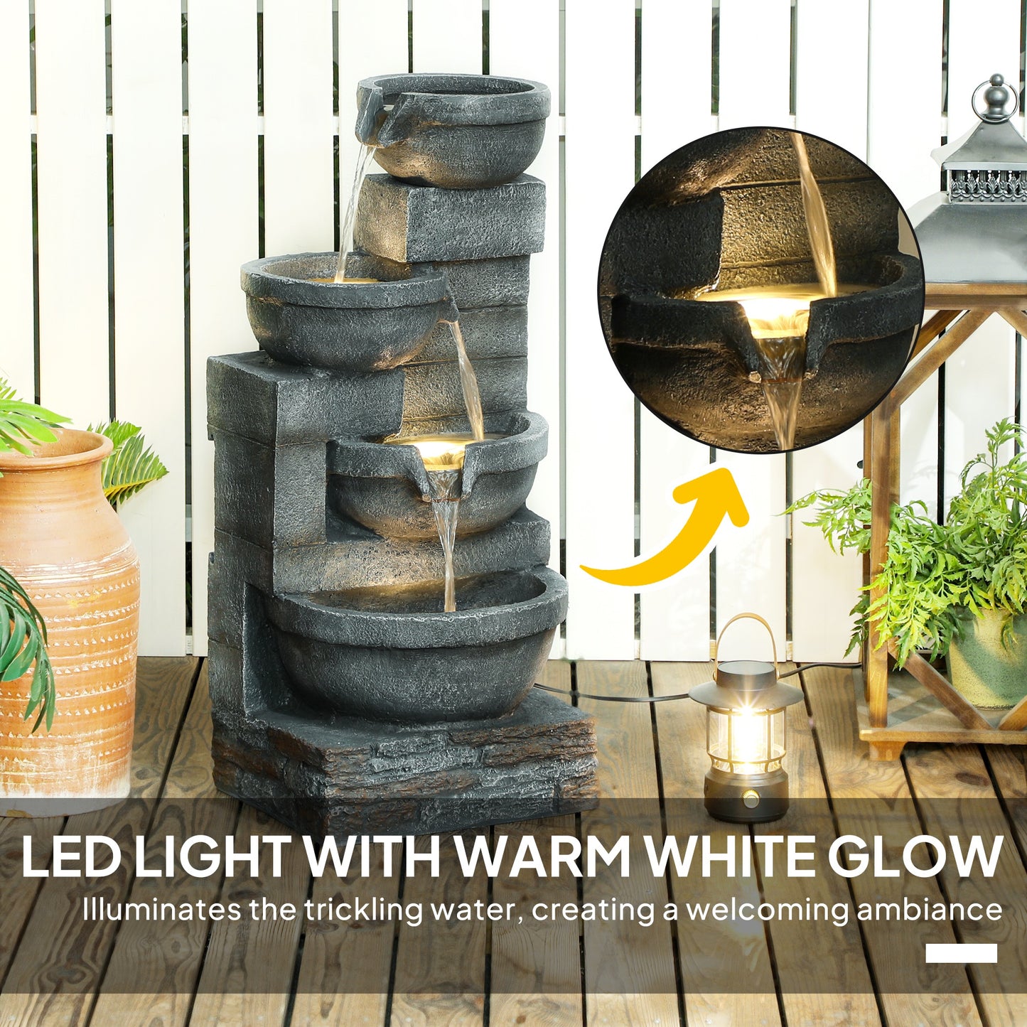 30" Tall Outdoor Waterfall Fountain With LED Lights, 4-Tier Resin Cascading Water Bowls With Pump, Gray