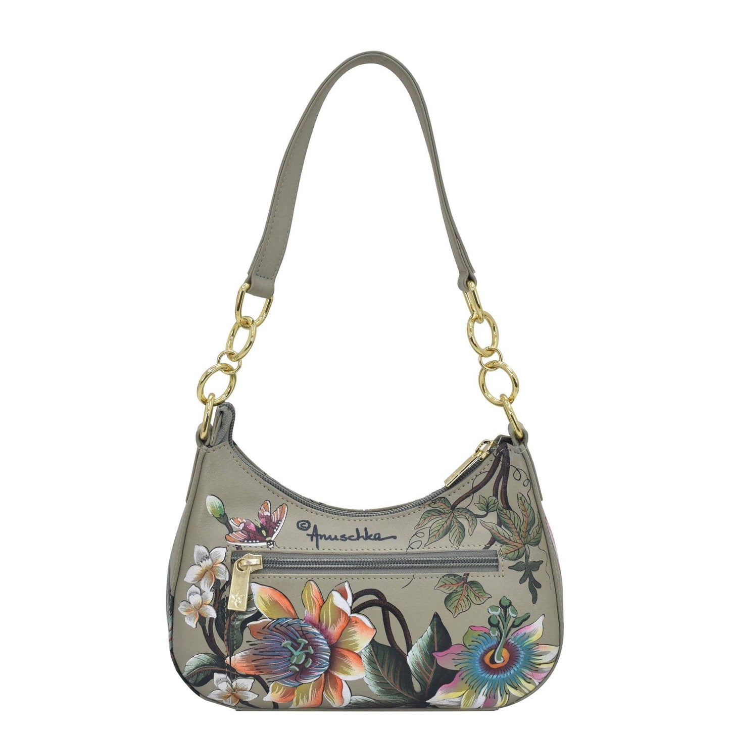 Anuschka Hand-Painted Leather Small Convertible Hobo - 701- olive green floral with dragonfly