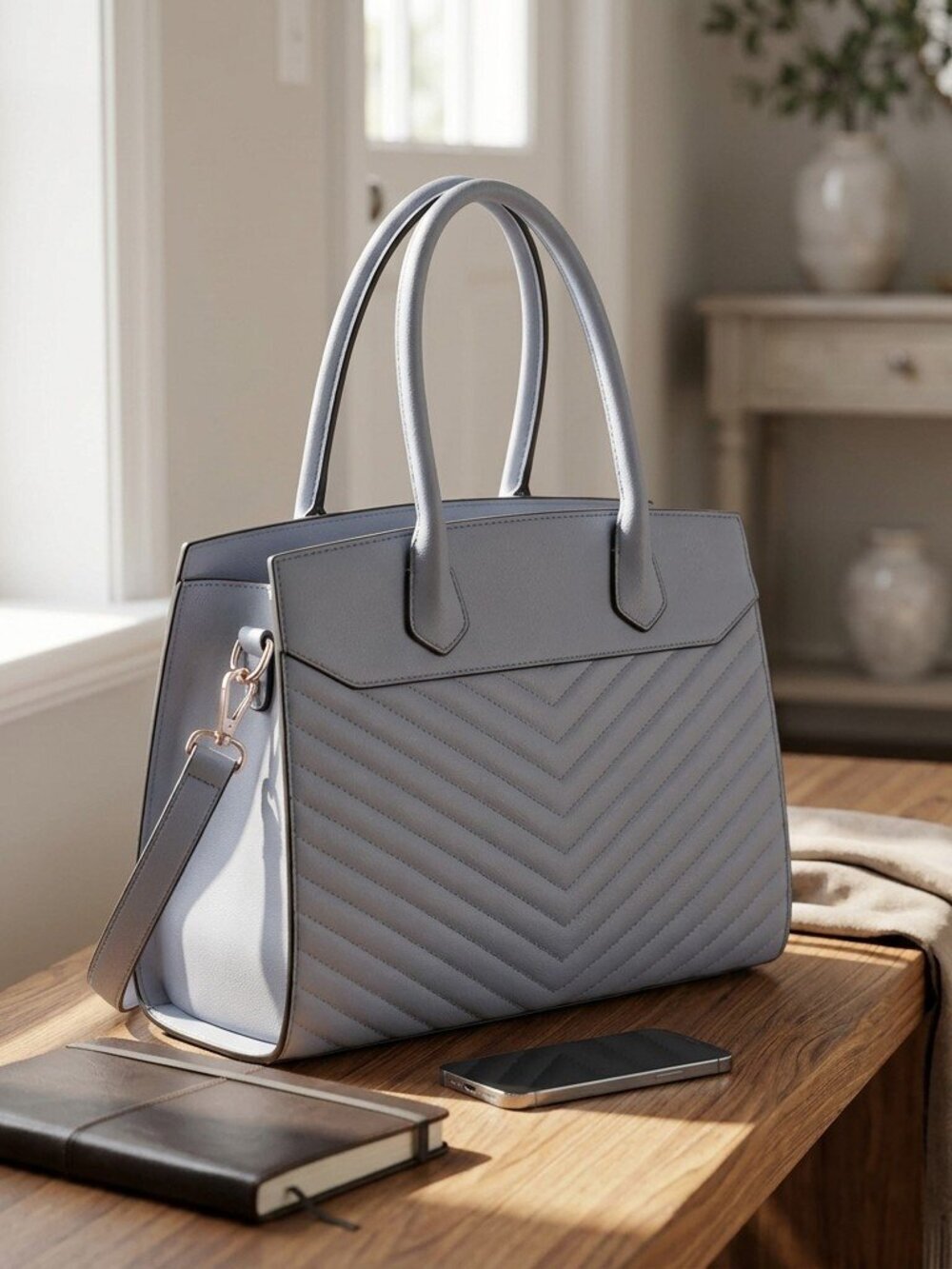 Dusty Blue Quilted Chevron Satchel