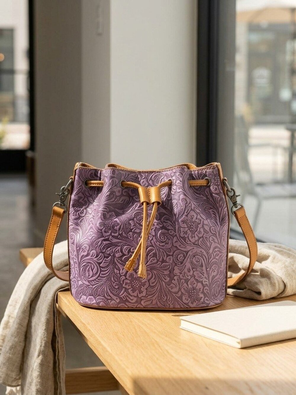 Lilac Storyweave Crossbody Bloom Embossed Leather Bucket Bag in Mystic Lilac