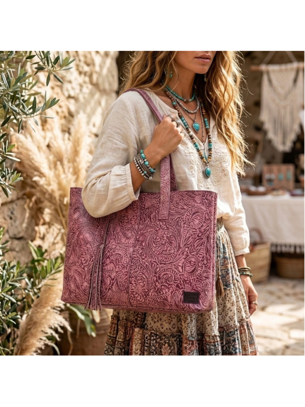 American Darling Rose Lattice tooled Leather Everyday Tote