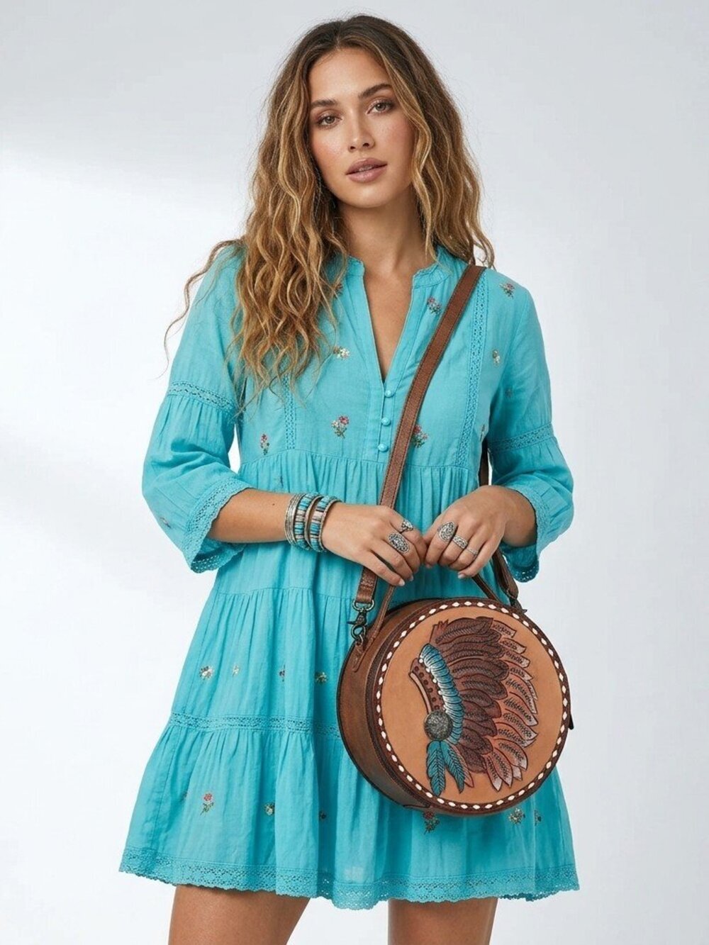 American Darling Boho Feather Head Dress Round Crossbody Canteen Bag