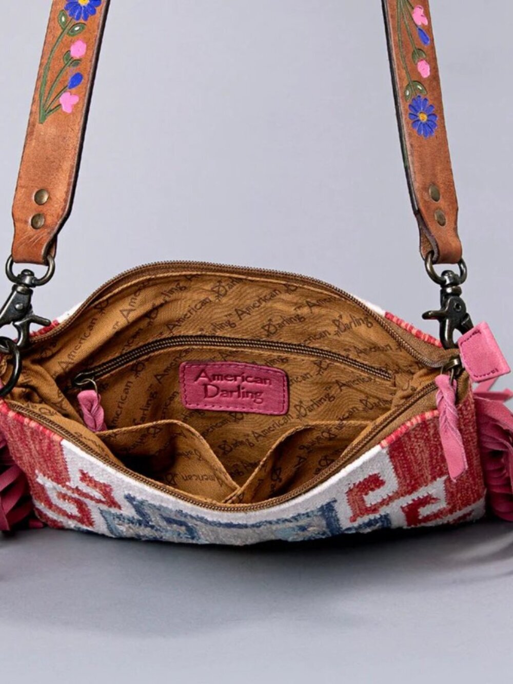 American Darling Boho Saddle Blanket Crossbody- Pink and Blue