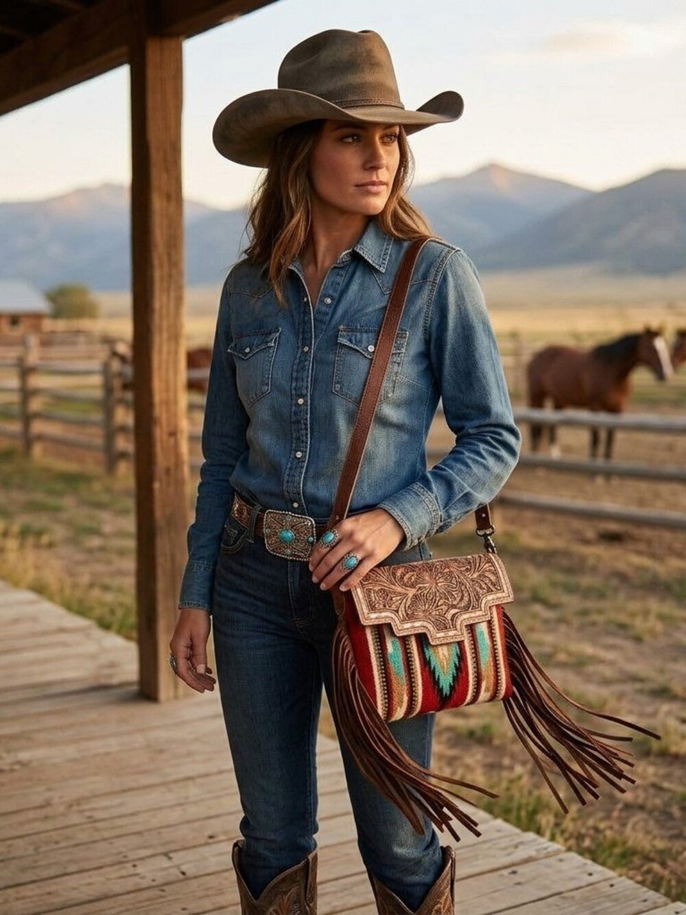 American Darling Desert Bloom Tooled Crossbody- Saddle Blanket Bag