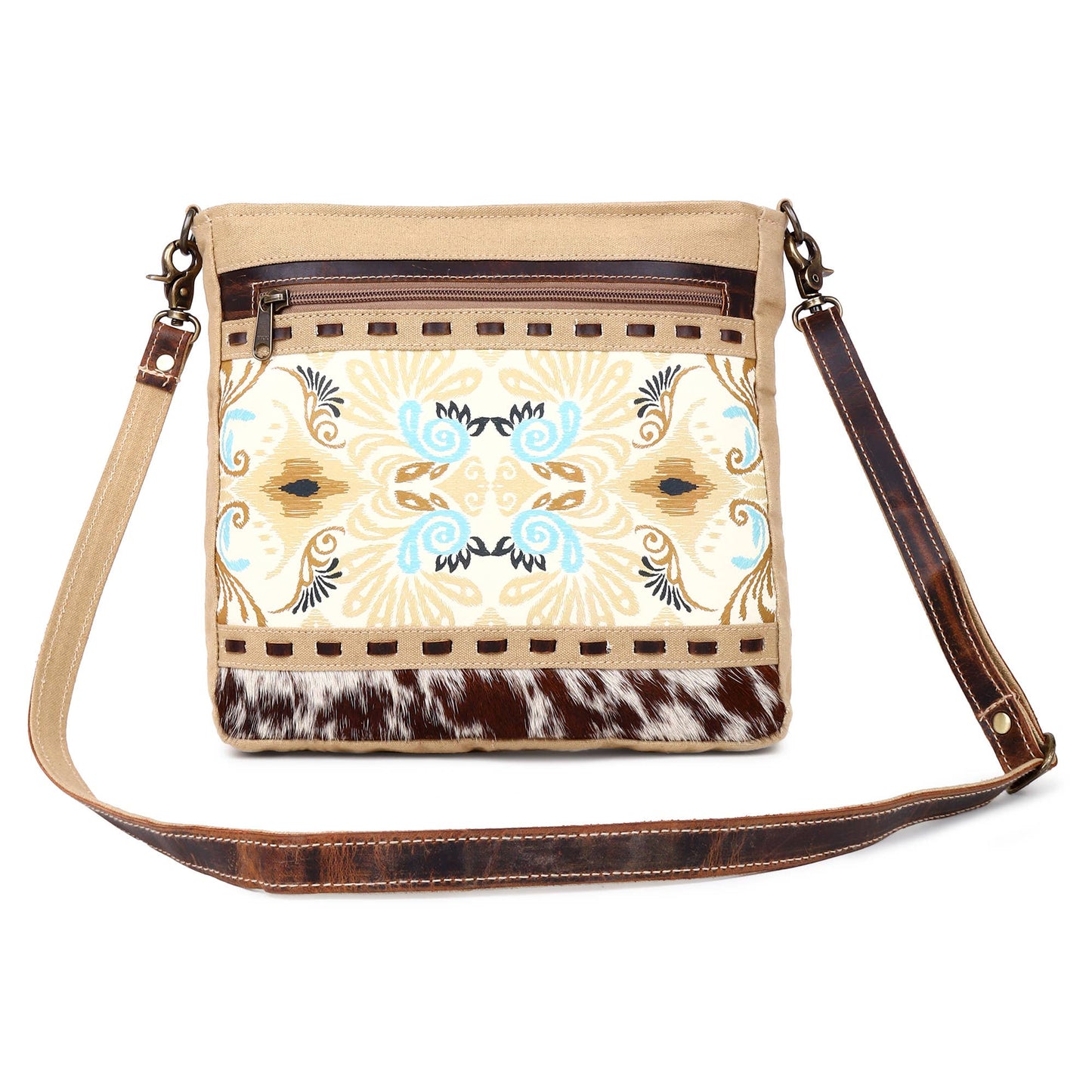 Canvas Cowhide & Leather Women Shoulder Bag - Khaki
