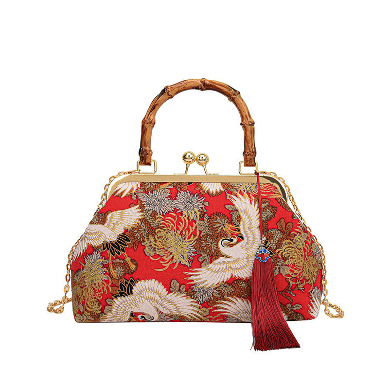 The Red -crowned Crane Retro inspired kisslock Style Embroidered Clutch Bag