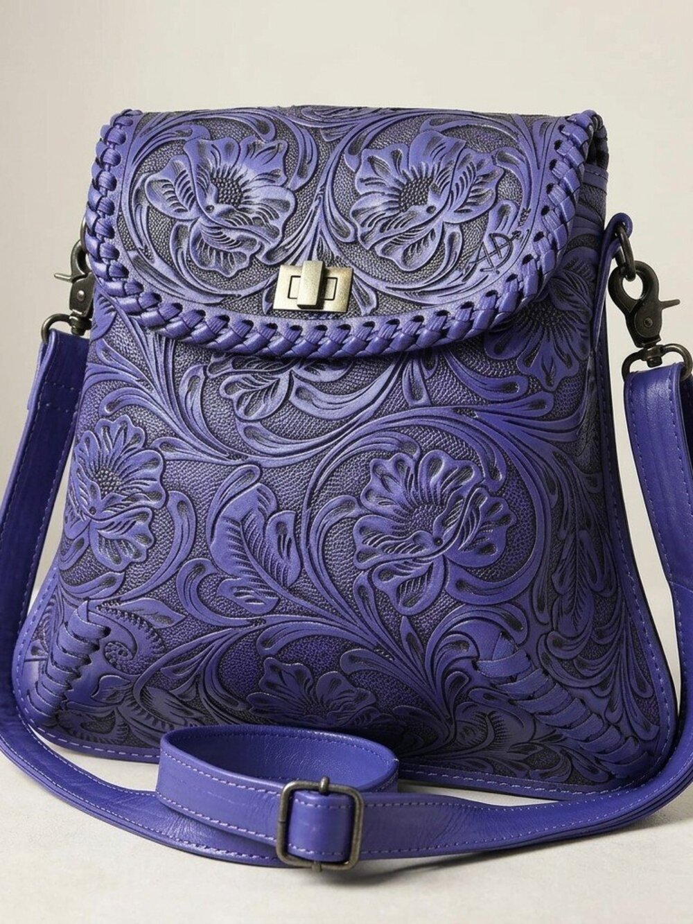 American Darling Hand-Tooled Floral Purple Leather Crossbody Bag |