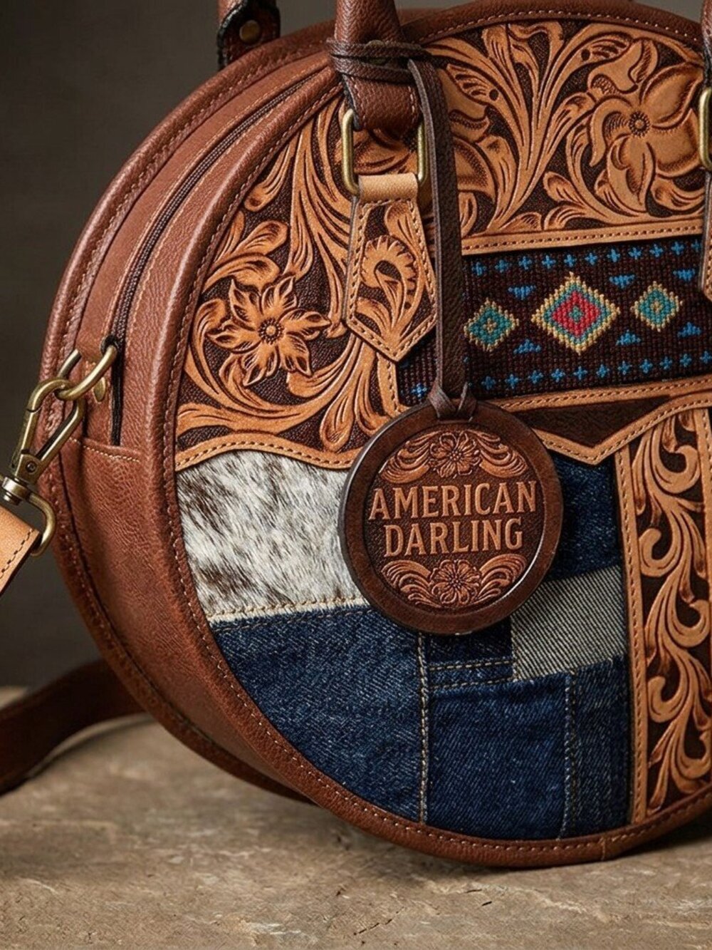 American Darling Patchwork Boho Fringe Tooled Crossbody Canteen Bag