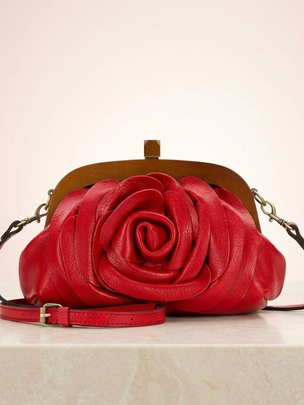 Patricia Nash Joelle Wooden Frame Crossbody - Rugged Natural Grain Leather-Rose