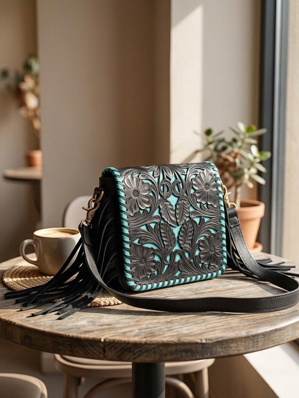 Turquoise at Midnight Boho Fringe Floral Crossbody