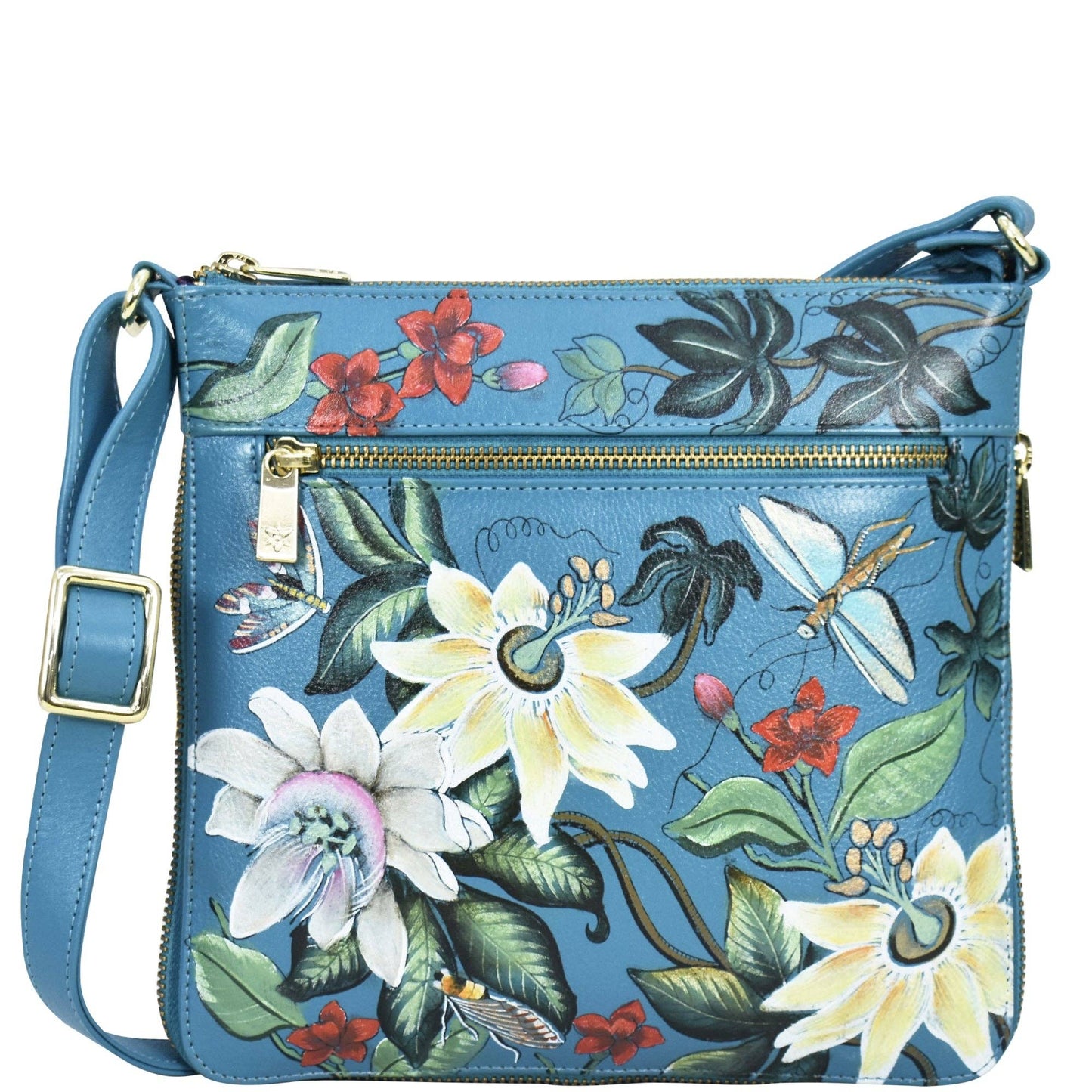 Anuschka Expandable Travel Crossbody - 550-blue with flowers and dragonfly