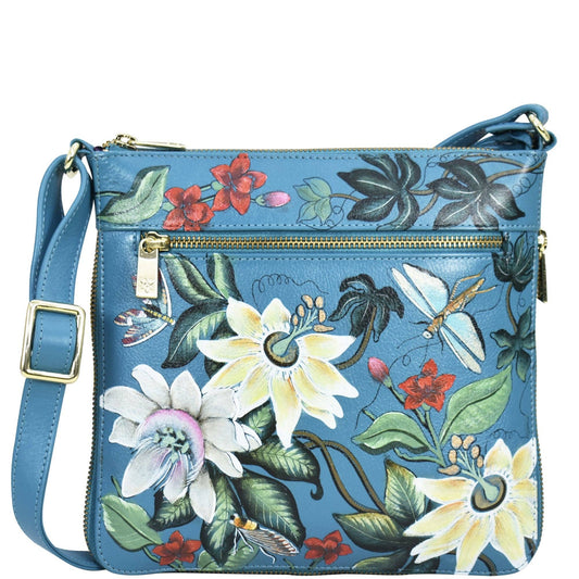 Anuschka Expandable Travel Crossbody - 550-blue with flowers and dragonfly