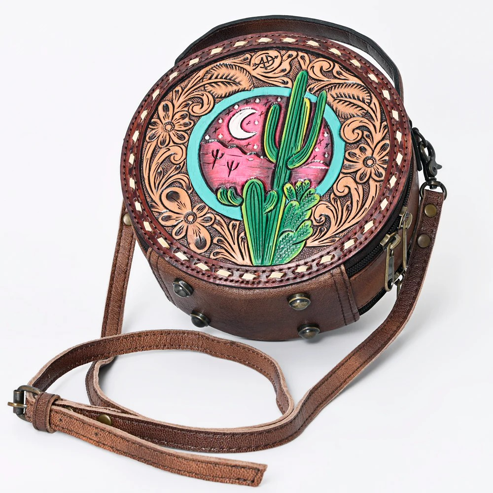American Darling Western Tooled Leather Crossbody Canteen Bag Floral Carved Inlay-cactus moon