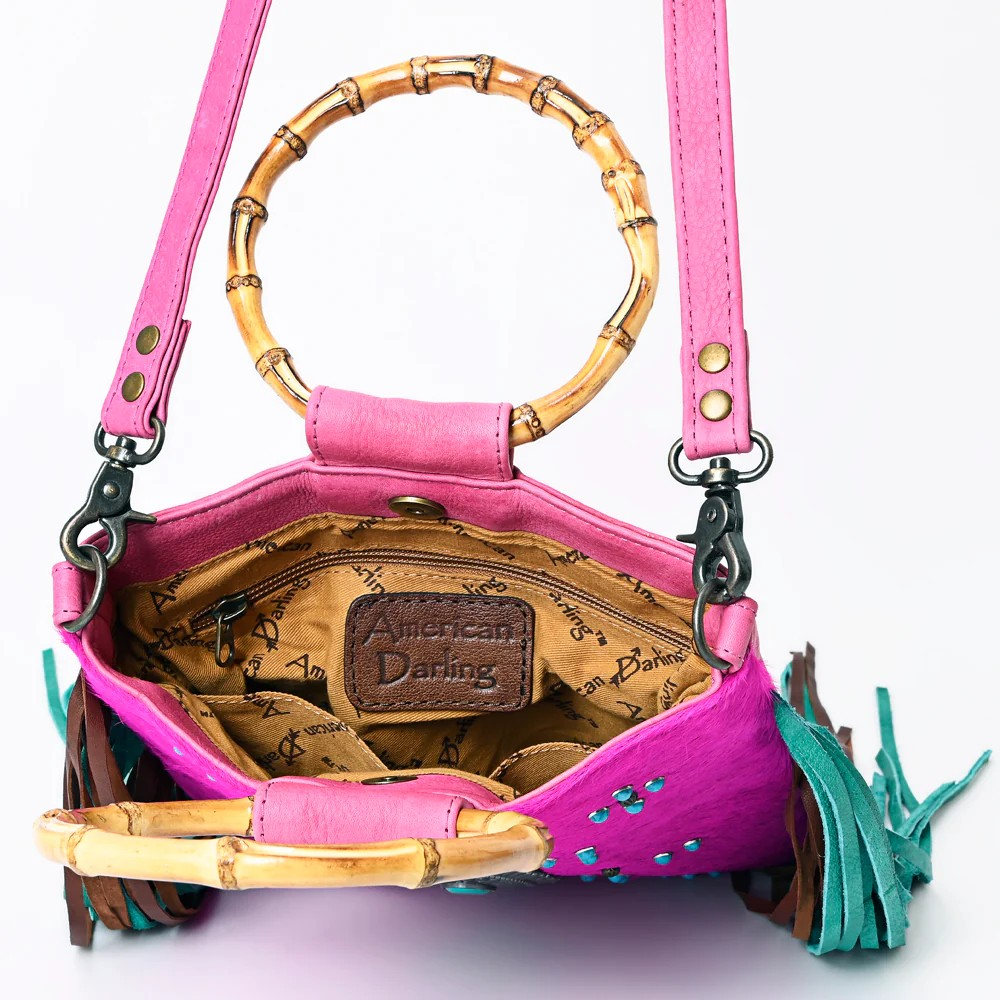 American Darling Cowhide Crossbody -Bamboo Handle Fringe Handbag- the pink hottie