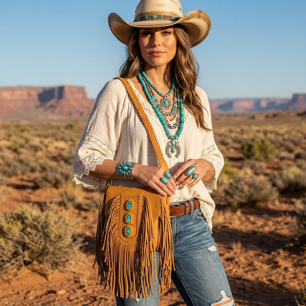 American Darling Desert Fringe Turquoise Stone Crossbody