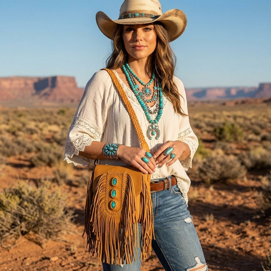 American Darling Desert Fringe Turquoise Stone Crossbody