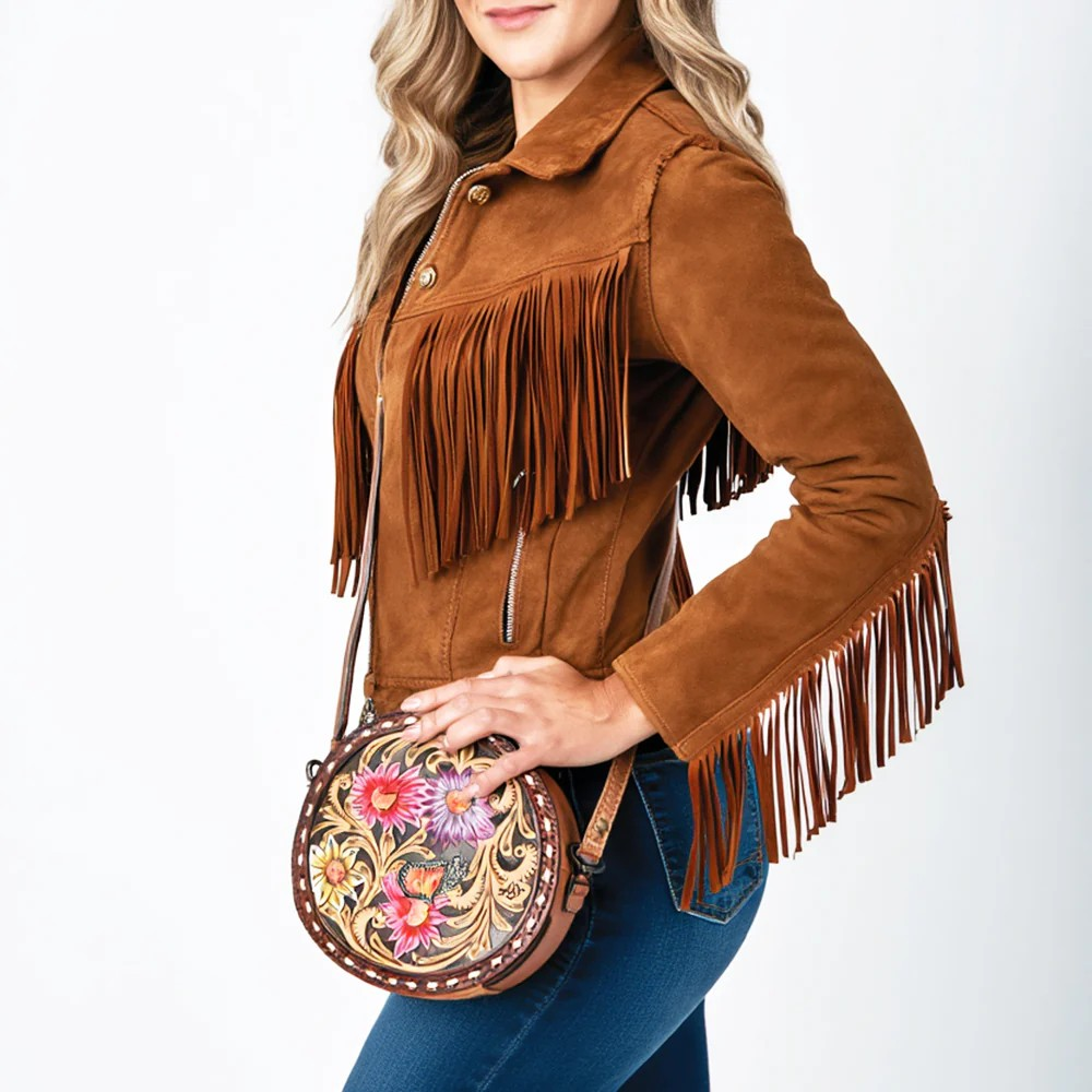 American Darling Western Tooled Leather Crossbody Canteen Bag Floral Carved Pink Cactus Flower and Butterfly Inlay