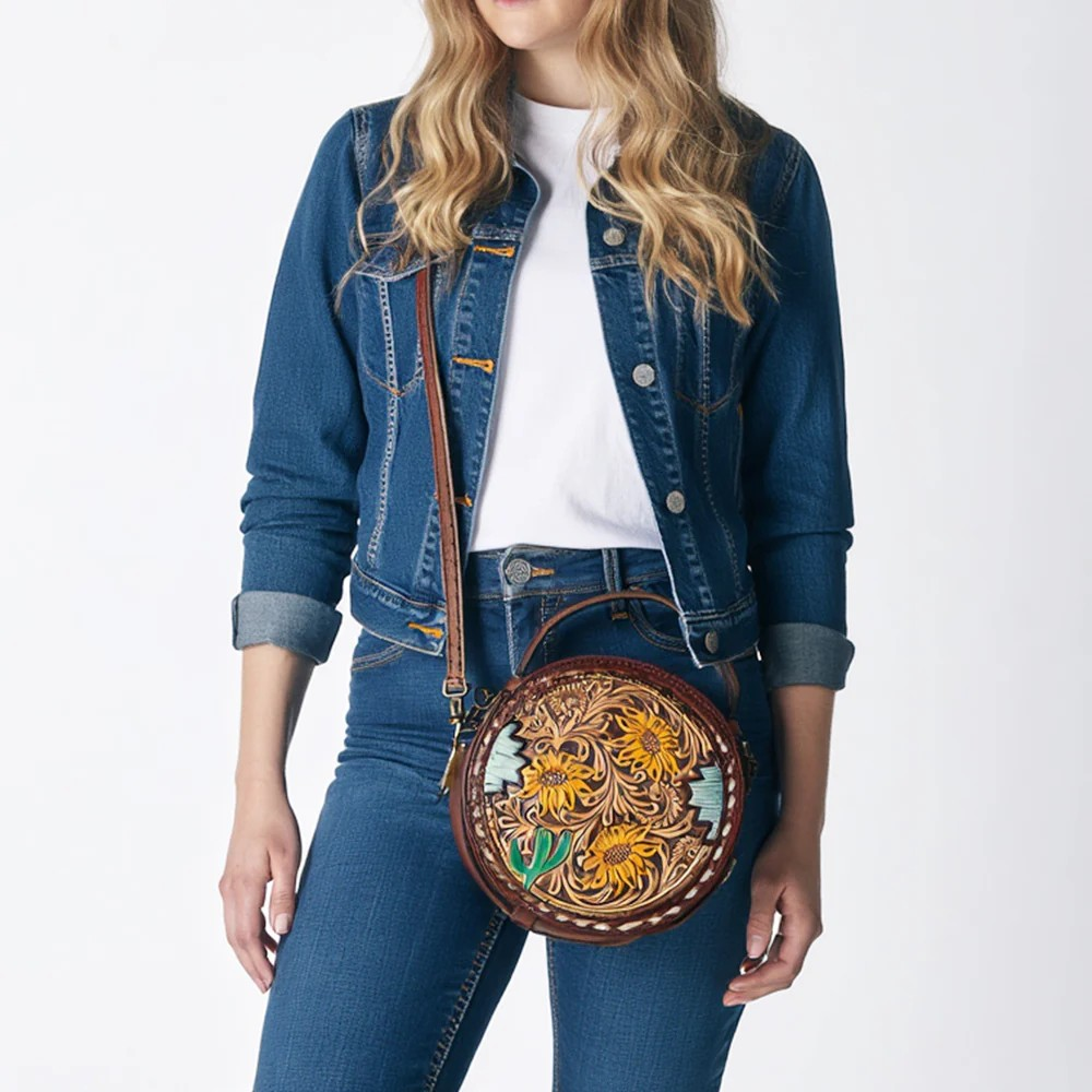 American Darling Western Tooled Leather Crossbody Canteen Bag Floral Carved Sunflower Inlay