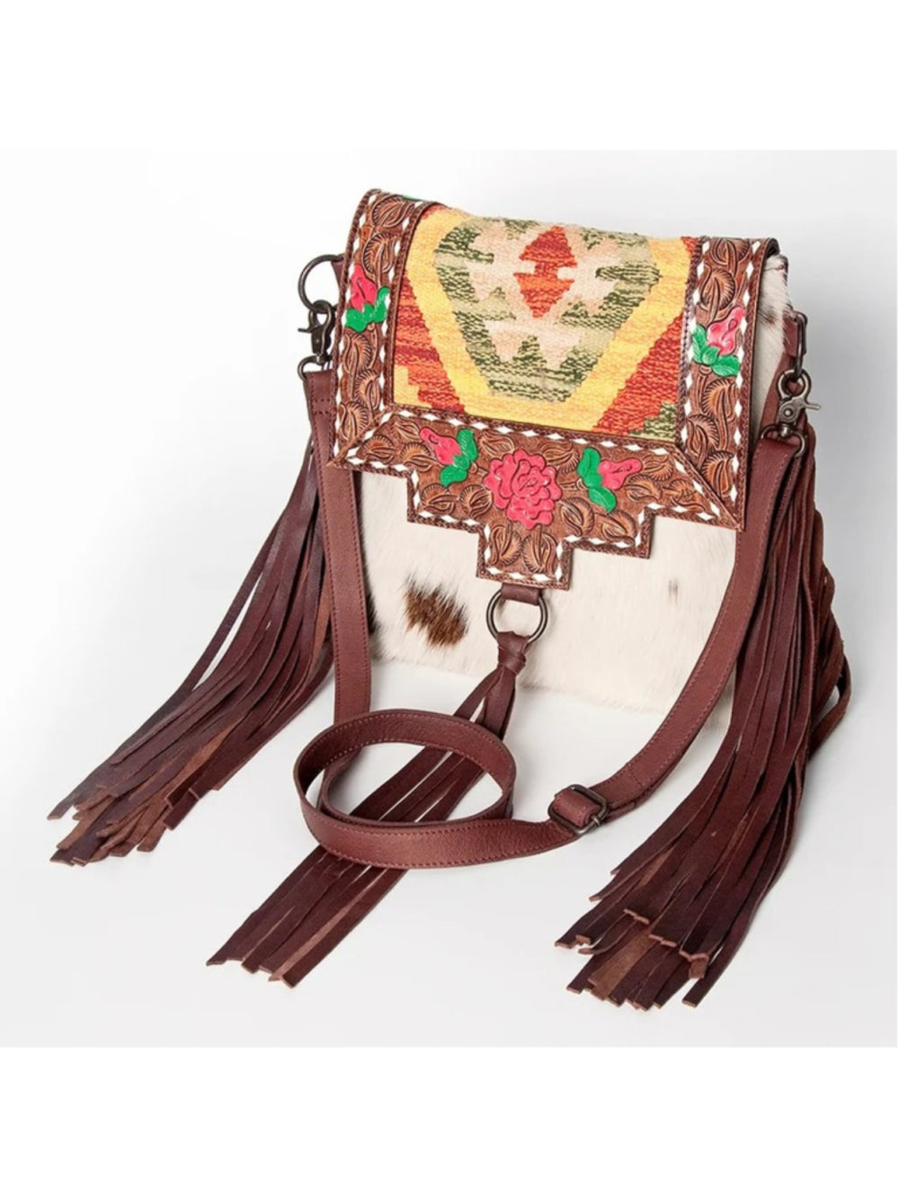 American Darling Boho Fringe Hair-On prickly Pear flower Crossbody Bag